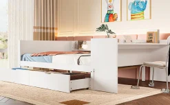 Enfant Fortuna lai Lit Plat 140x200cm, Bureau, 2 Tiroirs, Pin + Panneau, Sans Matelas, Blanc