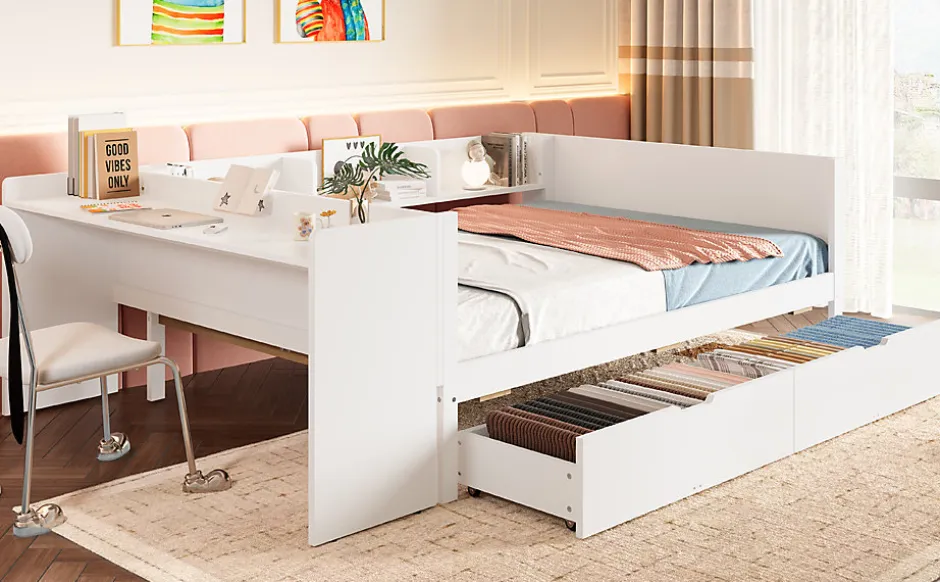 Enfant Fortuna lai Lit Plat 140x200cm, Bureau, 2 Tiroirs, Pin + Panneau, Sans Matelas, Blanc