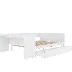 Enfant Fortuna lai Lit Plat 140x200cm, Bureau, 2 Tiroirs, Pin + Panneau, Sans Matelas, Blanc