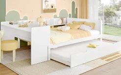 Fortuna lai Lit Plat 140x200cm, Bureau, Lit Escamotable, 2 Tiroirs, Pin + Panneau, Blanc New
