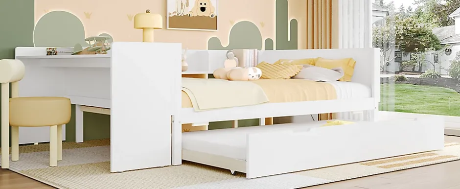 Fortuna lai Lit Plat 140x200cm, Bureau, Lit Escamotable, 2 Tiroirs, Pin + Panneau, Blanc New