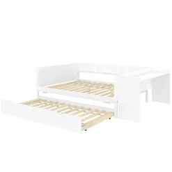 Fortuna lai Lit Plat 140x200cm, Bureau, Lit Escamotable, 2 Tiroirs, Pin + Panneau, Blanc New