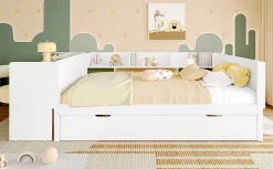 Fortuna lai Lit Plat 140x200cm, Bureau, Lit Escamotable, 2 Tiroirs, Pin + Panneau, Blanc New