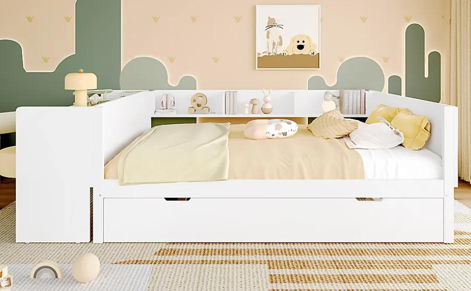 Fortuna lai Lit Plat 140x200cm, Bureau, Lit Escamotable, 2 Tiroirs, Pin + Panneau, Blanc New