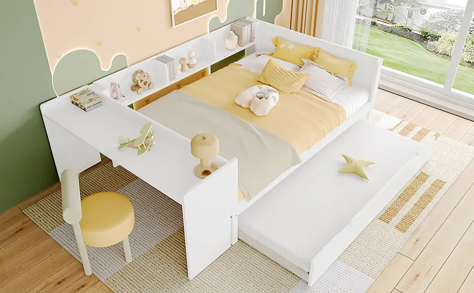 Fortuna lai Lit Plat 140x200cm, Bureau, Lit Escamotable, 2 Tiroirs, Pin + Panneau, Blanc New