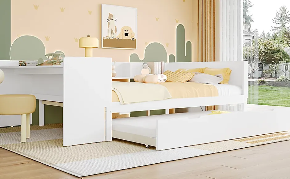 Fortuna lai Lit Plat 140x200cm, Bureau, Lit Escamotable, 2 Tiroirs, Pin + Panneau, Blanc New
