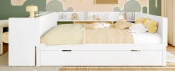 Fortuna lai Lit Plat 140x200cm, Bureau, Lit Escamotable, 2 Tiroirs, Pin + Panneau, Blanc New