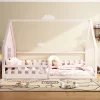 Enfant Fortuna lai Lit Plat 140x200cm, Forme Maison, Rampe, Pin, Rose