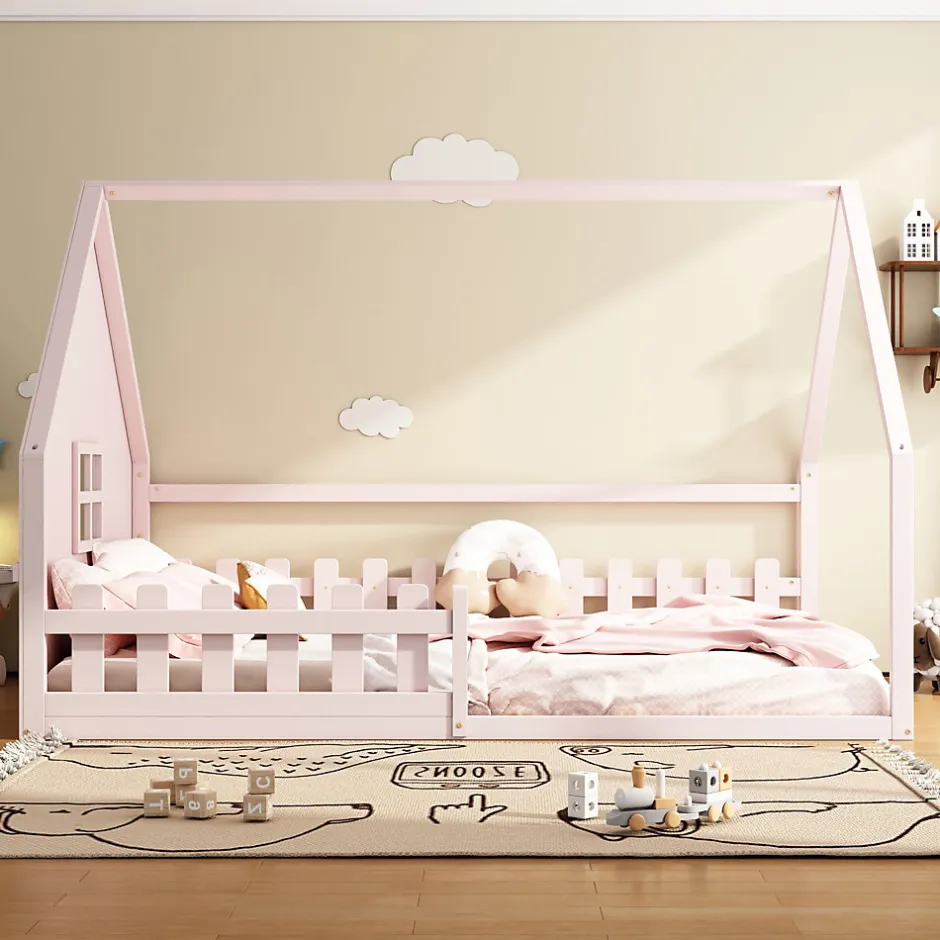 Enfant Fortuna lai Lit Plat 140x200cm, Forme Maison, Rampe, Pin, Rose