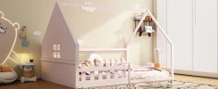 Enfant Fortuna lai Lit Plat 140x200cm, Forme Maison, Rampe, Pin, Rose