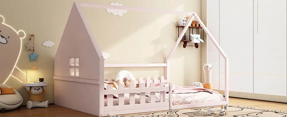 Enfant Fortuna lai Lit Plat 140x200cm, Forme Maison, Rampe, Pin, Rose