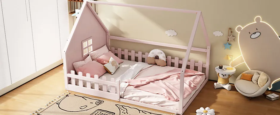 Enfant Fortuna lai Lit Plat 140x200cm, Forme Maison, Rampe, Pin, Rose