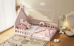 Enfant Fortuna lai Lit Plat 140x200cm, Forme Maison, Rampe, Pin, Rose