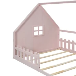 Enfant Fortuna lai Lit Plat 140x200cm, Forme Maison, Rampe, Pin, Rose