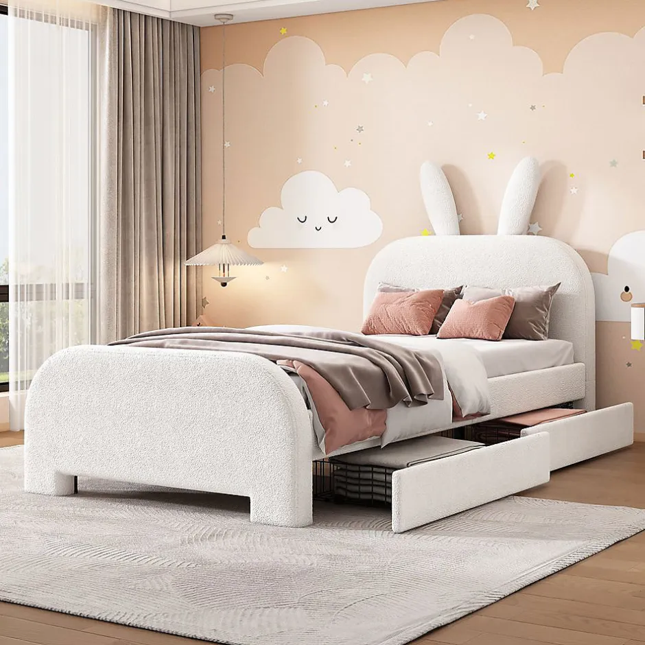 Blackcolors Lit Plat 90x200cm Laine Mouton Forme Lapin Blanc Clearance