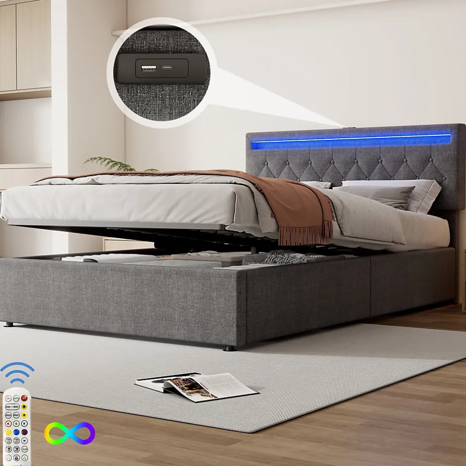 Enfant Fortuna lai Lit Plat 160x200cm, Rembourré, LED Ambiant, USB, Grande Capacité de Rangement, Blanc