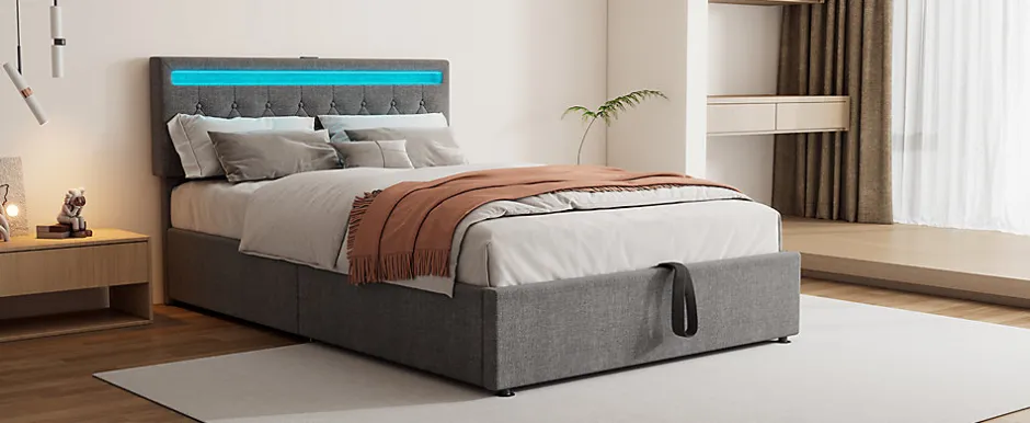 Enfant Fortuna lai Lit Plat 160x200cm, Rembourré, LED Ambiant, USB, Grande Capacité de Rangement, Blanc