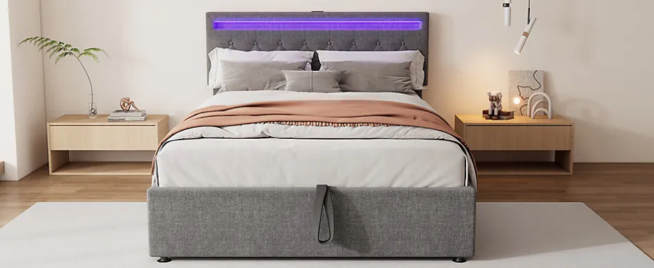 Enfant Fortuna lai Lit Plat 160x200cm, Rembourré, LED Ambiant, USB, Grande Capacité de Rangement, Blanc