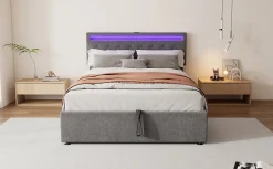 Enfant Fortuna lai Lit Plat 160x200cm, Rembourré, LED Ambiant, USB, Grande Capacité de Rangement, Blanc