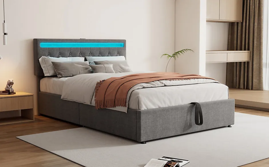 Enfant Fortuna lai Lit Plat 160x200cm, Rembourré, LED Ambiant, USB, Grande Capacité de Rangement, Blanc