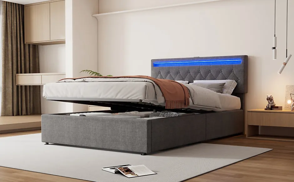 Enfant Fortuna lai Lit Plat 160x200cm, Rembourré, LED Ambiant, USB, Grande Capacité de Rangement, Blanc