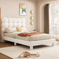 Enfant Fortuna lai Lit Plat 140x200cm, Rembourré, LED Ambiant, USB, Grande Capacité de Rangement, Blanc