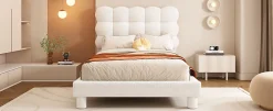 Enfant Fortuna lai Lit Plat 140x200cm, Rembourré, LED Ambiant, USB, Grande Capacité de Rangement, Blanc