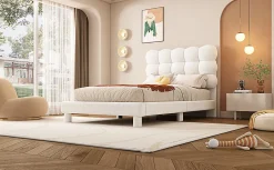 Enfant Fortuna lai Lit Plat 140x200cm, Rembourré, LED Ambiant, USB, Grande Capacité de Rangement, Blanc