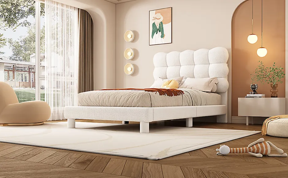 Enfant Fortuna lai Lit Plat 140x200cm, Rembourré, LED Ambiant, USB, Grande Capacité de Rangement, Blanc