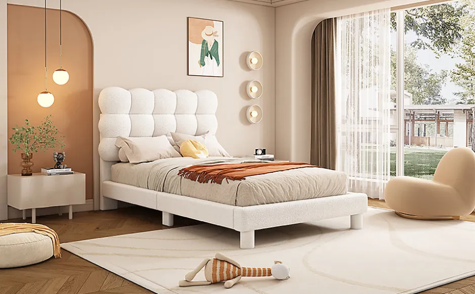 Enfant Fortuna lai Lit Plat 140x200cm, Rembourré, LED Ambiant, USB, Grande Capacité de Rangement, Blanc