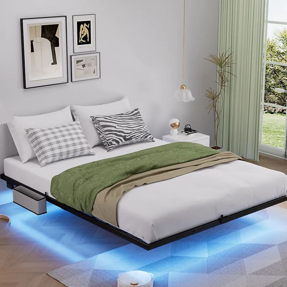 Blackcolors Lit plateforme métal 140x200 cm, style japonais, LED, sans tête de lit - noir