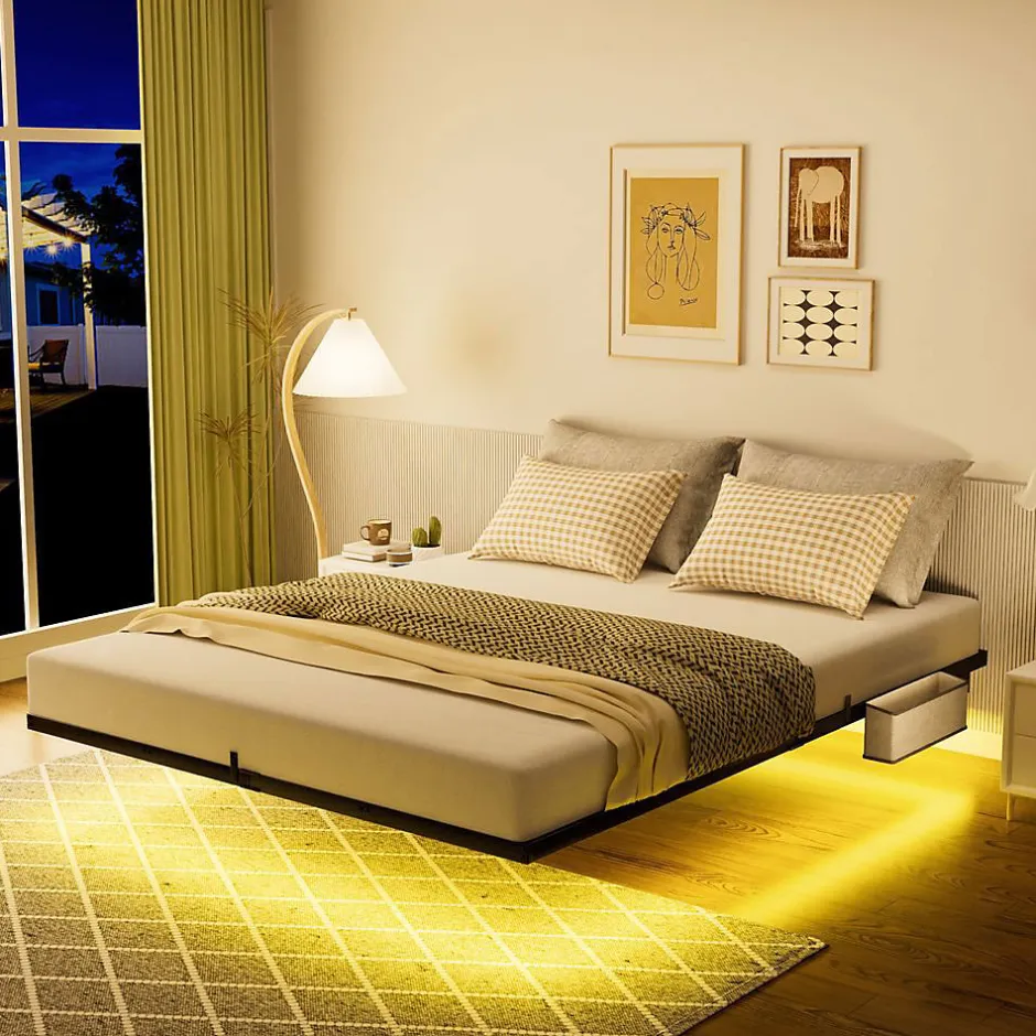 Blackcolors Lit plateforme métal 140x200 cm, style japonais, LED, sans tête de lit - noir