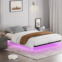 Blackcolors Lit plateforme métal 140x200 cm, style japonais, LED, sans tête de lit - noir