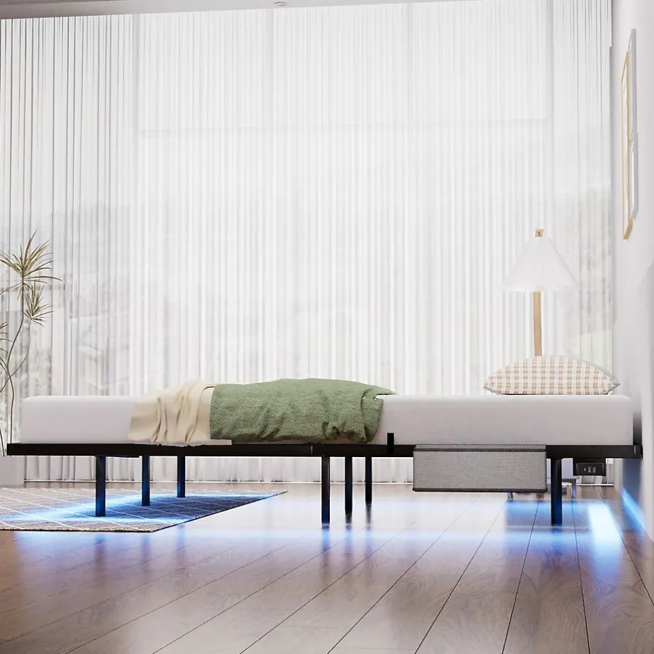 Blackcolors Lit plateforme métal 160x200 cm, style japonais, LED, sans tête de lit - noir