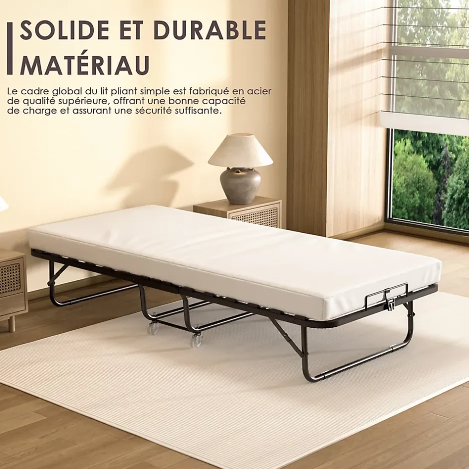 Teeno Lit Pliant 90x190 CM avec Matelas de 10cm, Lit Pliable 1 Personne Adulte, 4 roulettes, 2 Min Assembler Outlet