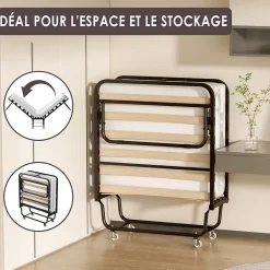 Teeno Lit Pliant 90x190 CM avec Matelas de 10cm, Lit Pliable 1 Personne Adulte, 4 roulettes, 2 Min Assembler Outlet