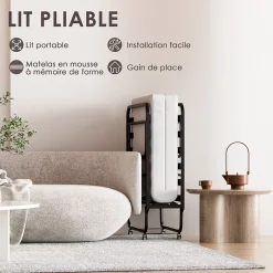 Teeno Lit Pliant 90x190 CM avec Matelas de 10cm, Lit Pliable 1 Personne Adulte, 4 roulettes, 2 Min Assembler Outlet