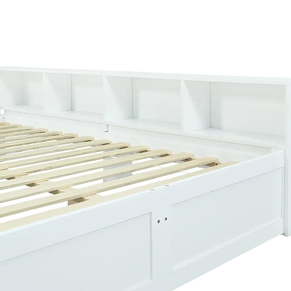 Fortuna lai Lit Polster 140x200 cm avec rangement latéral, 2 lampes, prise USB, bois blanc, moderne