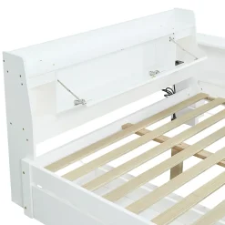 Fortuna lai Lit Polster 140x200 cm avec rangement latéral, 2 lampes, prise USB, bois blanc, moderne