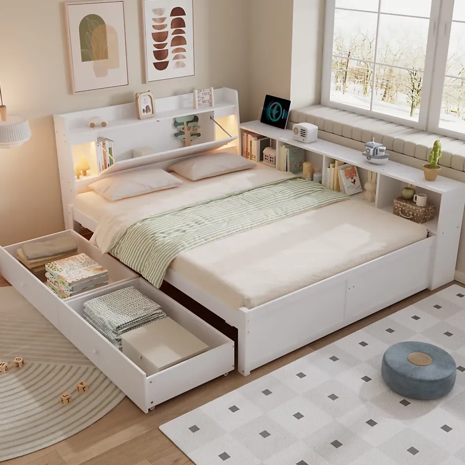 Fortuna lai Lit Polster 140x200 cm avec rangement latéral, 2 lampes, prise USB, bois blanc, moderne