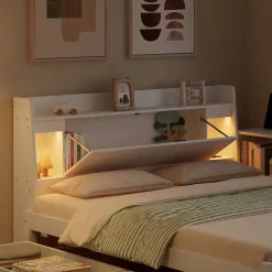 Fortuna lai Lit Polster 140x200 cm avec rangement latéral, 2 lampes, prise USB, bois blanc, moderne