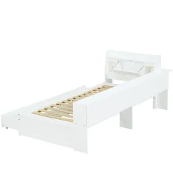 Fortuna lai Lit Polster 90x200 cm avec rangement latéral, 2 lampes, prise USB, bois blanc, design pratique Hot
