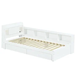Fortuna lai Lit Polster 90x200 cm avec rangement latéral, 2 lampes, prise USB, bois blanc, design pratique Hot