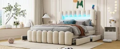 Enfant Fortuna lai Lit Polster 160x200cm, Avec LED, USB, Stéréo, 4 Tiroirs, Beige