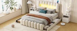 Enfant Fortuna lai Lit Polster 160x200cm, Avec LED, USB, Stéréo, 4 Tiroirs, Beige