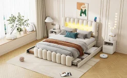 Enfant Fortuna lai Lit Polster 160x200cm, Avec LED, USB, Stéréo, 4 Tiroirs, Beige