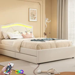 Enfant Fortuna lai Lit Polster 90x200cm, Éclairage Ambiant, Tiroirs, Tête Réglable, Lin, Beige