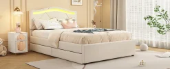 Enfant Fortuna lai Lit Polster 90x200cm, Éclairage Ambiant, Tiroirs, Tête Réglable, Lin, Beige