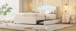 Enfant Fortuna lai Lit Polster 90x200cm, Éclairage Ambiant, Tiroirs, Tête Réglable, Lin, Beige