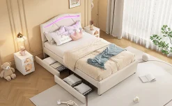Enfant Fortuna lai Lit Polster 90x200cm, Éclairage Ambiant, Tiroirs, Tête Réglable, Lin, Beige